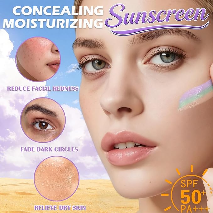 3 In 1 Primer for Face Before Makeup, SPF 50 PA+++, Sunscreen Isolation Cream, One Step Color Corrector Primer, Blurs Facial Serum Oil Control & Moisturizing Skin Tone Correcting, Radiance Skin