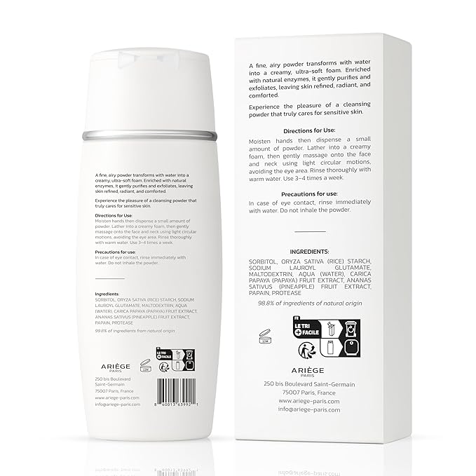 ARIGE PARIS Gentle Face Cleanser Enzyme Powder Face Wash, Rice Cleanser and Rice Exfoliator for Face, Water-Activated Travel Face Wash, 99.8 Percent Natural, Made in France
