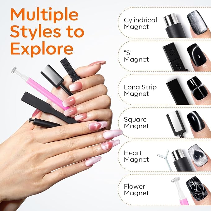 modelones Cat Eye Magnet, 15PCS Cateye Gel Polish Nail Magnet Nail Tools with Black Bead-Attracting Nail Magnet Pen & Heart-Shaped Magnet for Nail Perfect for Home DIY, Nail Art Design