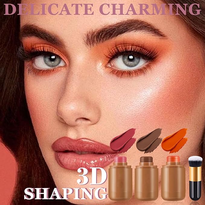 3Pcs Cream Contour Stick Makeup Kit with Makeup Brush,Shades with Highlighter,Brush Stick,Cream Bronzer for Sculpt the Cheeks,Long-lasting Waterproof Lightweight Contour Set C