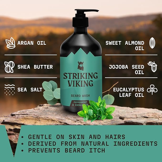 Striking Viking Beard Wash (17 oz) With Natural Peppermint & Eucalyptus Scent - Paraben & Sulfate-Free Deep Cleansing Shampoo For Beard Care