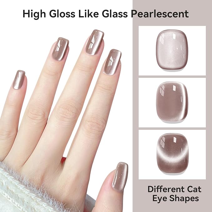 Cat Eye Gel Nail Polish 12ML, Crystal Moonlight Brown Cateye Gel Polish With Magnetic Stick, Magnetic Glitter Holographic Nail Polish Glass Diamond Cats Eye Velvet Gray 1PC