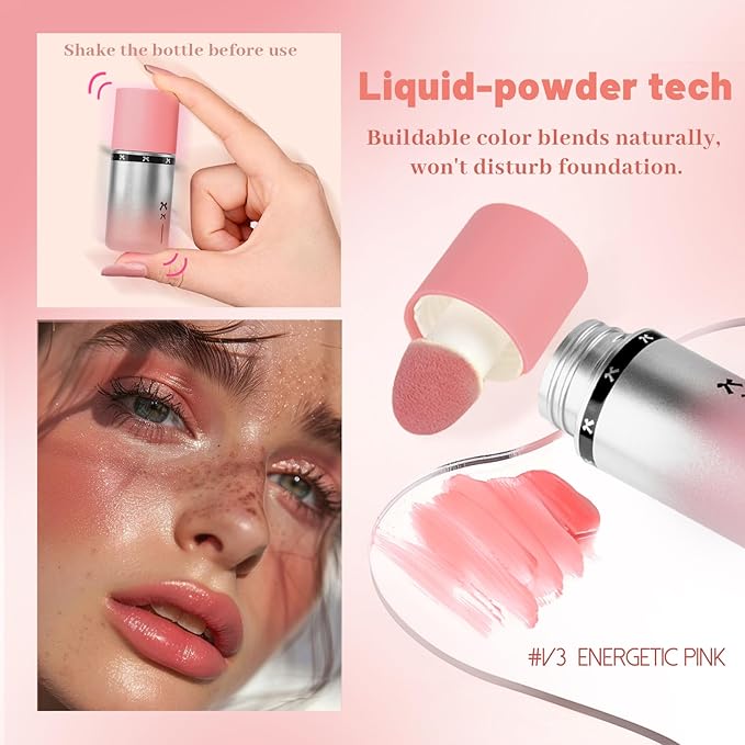 Blush Liquid Makeup Cream Stick, Blendable Cheek Weightless Watercolor Sheer Finish, Soft Peach Face Tint for Mature Skin, Easy Application Beauty Essential (V3 Energetic Pink)