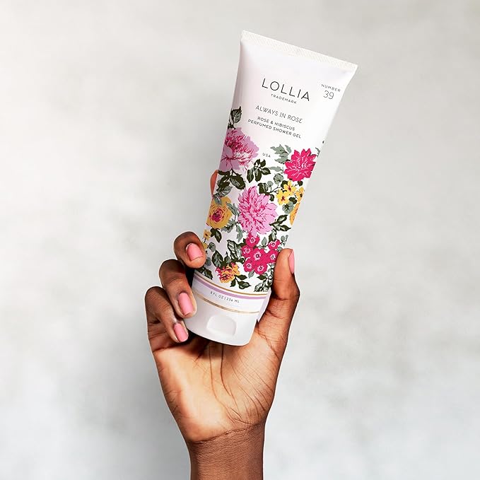 LOLLIA Always In Rose Shower Gel, 8 fl. oz., Luxury Moisturizing Body Wash for Women, Lightly Rose & Hibiscus Scented Liquid Soap