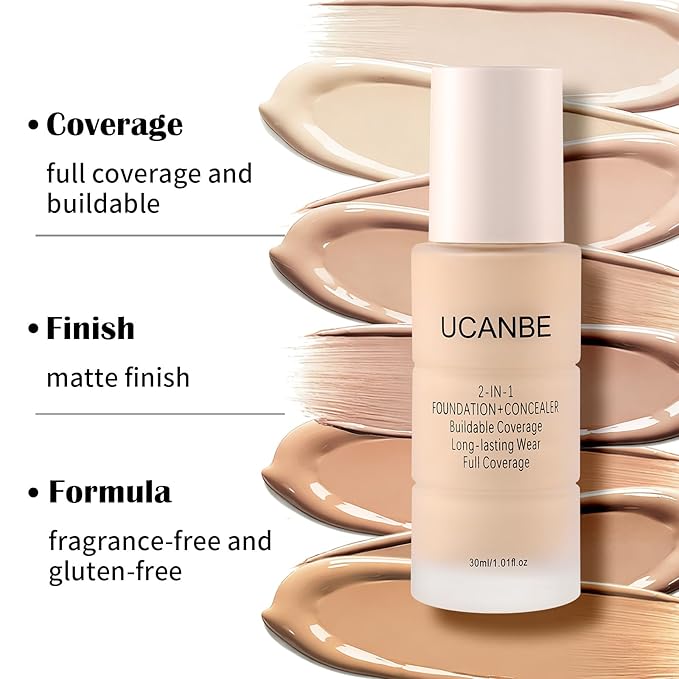 UCANBE 2-IN-1 Foundation + Concealer, Full Coverage Long-Lasting Matte Makeup for Normal, Combination and Oily Skin, Buildable Waterproof Formula with Hyaluronic Acid （06 Warm Honey）