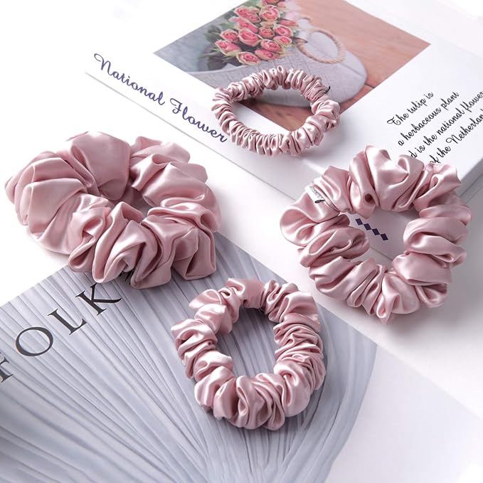 MTSNOO 100% Pure 22 Momme Mulberry Silk Scrunchies for Hair & Sleep, 4 Pack, for Women & Girls, Rosy Pink