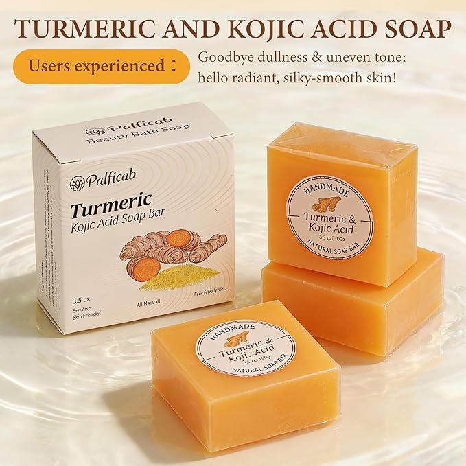 Kojic Acid Soap, Turmeric Soap Bar for Dark Spots, Brightening Face & Body Wash with Vitamin C, Tea Tree Oil & Shea Butter, Acne Scars, Hyperpigmentation & Even Skin Tone, 3 Pack
