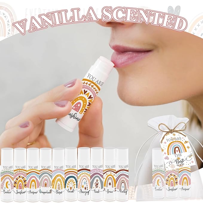 50 PCS Bohemian Rainbow Lip Balm Bulk Inspirational Words Appreciation Gift for Mom Teacher Nurse Thank You Gifts Moisturizer Lips for Mother's Day Baby Shower Wedding Bridal Shower