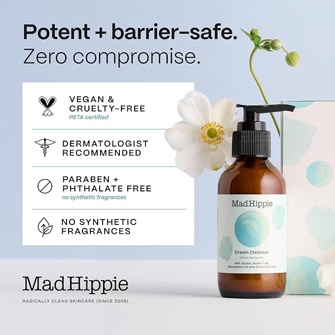 Mad Hippie Cream Cleanser – Gentle Formula with Hyaluronic Acid, Jojoba Oil & Green Tea, Skin Barrier Protection, 4 Oz Ea