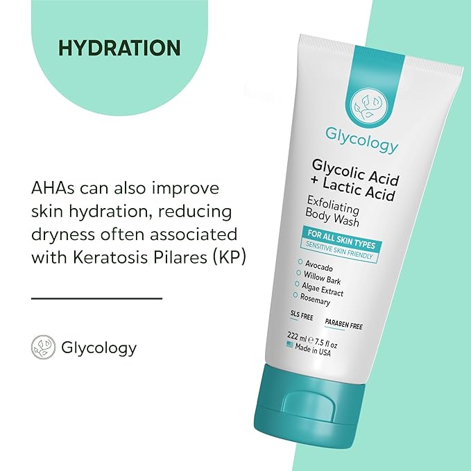 Glycolic Acid Body Wash for Keratosis Pilaris Treatment 7.5oz(Made In USA)Lactic Acid Body Exfoliator Cleanser for Rough & Bumpy Skin- KP Treatment for Arms,Legs- Exfoliating Body Wash for Smooth Skin
