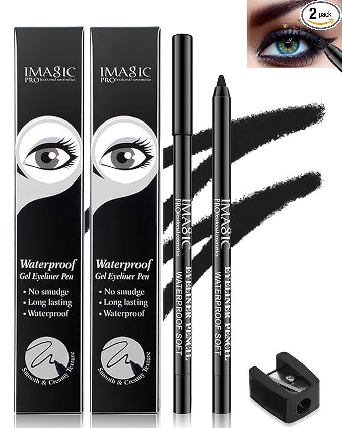 2Pcs Black Waterproof Smudge-proof Gel Eyeliner Pencil with Sharpener, Fade-Proof Eye Liner Pencil Smooth Water Line Pen,Thanksgiving Cat Eye/Smoky Eye Makeup Pen for Girls Mature Older Women