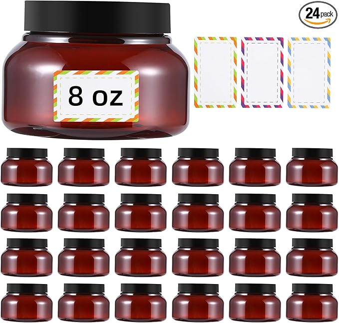 24 Pack 8 Oz Plastic Containers With Lids and Waterproof Label BPA Free - Refillable Transparent Cosmetic Containers for Body Butter,Sugar Scrubs,Cream,Lotions,Candy,Bath Salt (Brown, 8 oz)