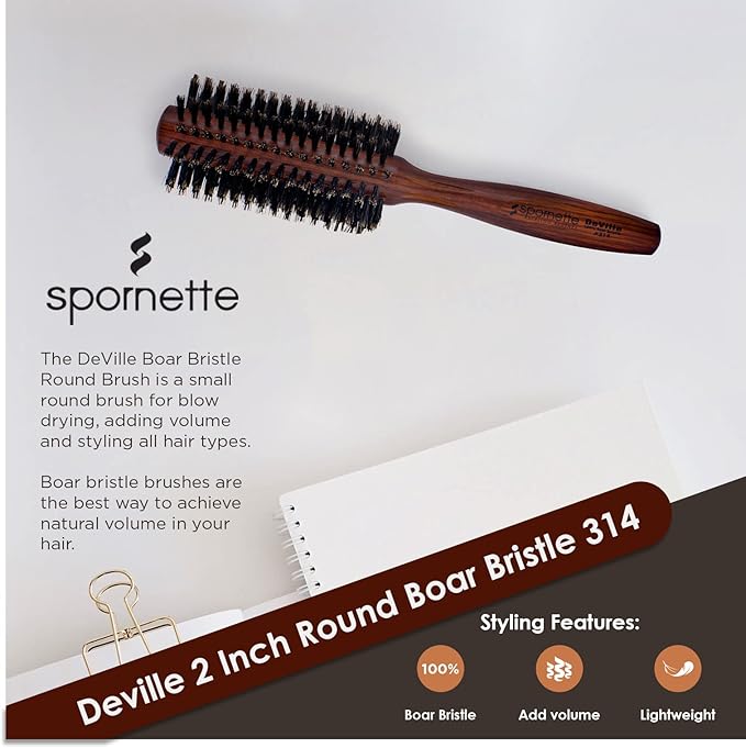 Spornette Deville Boar Bristle Round Brush for Women - Round Hair Brush for Blow Drying, Curling & Styling - Adds Shine, Volume & Lift to All Hair Types (2 Inch)
