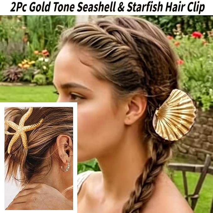 Beach Accessories for Women,2Pc Gold Seashell & Starfish Hair Clip Oversized Metal Claw Clips,Beach Hair Accessories,Summer Beach-Vibe Hair Accessories