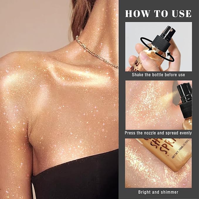 HOSAILY Body Glitter Spray - Champagne Body Shimmer for Face, Hair & Body, Moisturizing Luminizer Glow Illuminator, Quick-Drying Sparkling Glitter Spray Liquid Highlighter Makeup (#03)