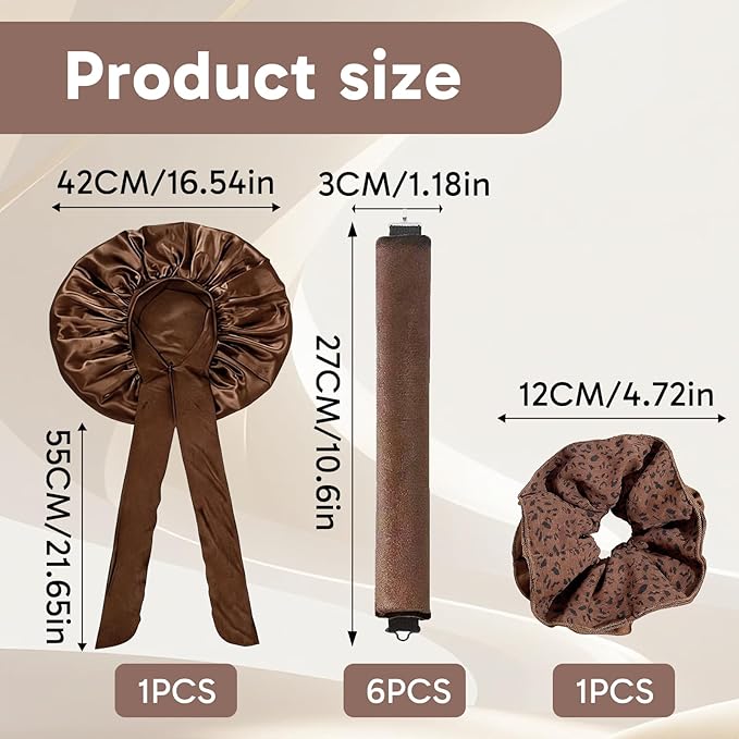 8 Pcs Overnight Blowout Rods Set, 6 heatless curls overnight Heatless Curls Overnight Blowout Rods with 1 Sleep Cap and 1 Brown leopard-print hair tie Blowout Rods for Easy Curling