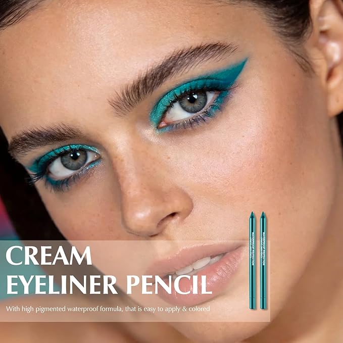 2 PCS Teal Eyeliner Pencil, Cream Gel Waterline Eyeliner Smooth Waterproof Lasting Bold High-Pigmented Blue Green Matte Eye Liner Pen Eyeshadow Makeup for Women with Sharpener