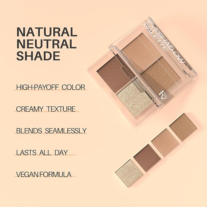FV Natural Finish Eyeshadow Palette, 4 Matte & Metallic High Pigment Shades, Long-Lasting Eye Shadow Palette Makeup, Crease-Proof, Blendable Eye Makeup (Neutral)