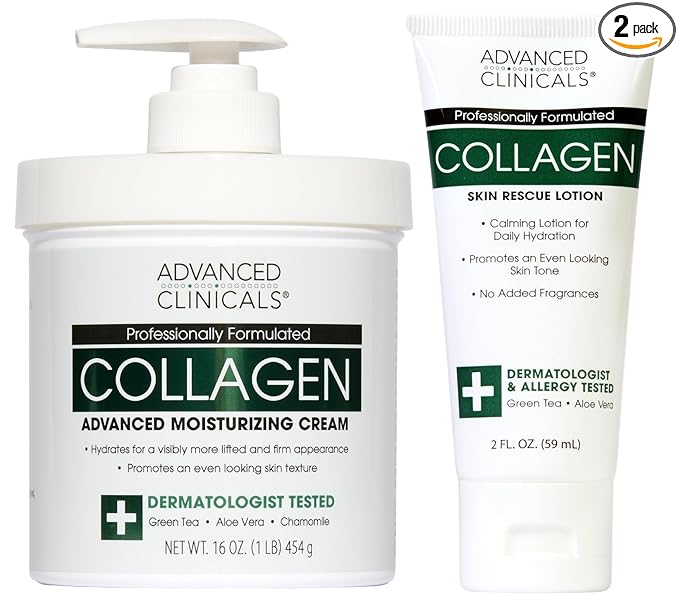 Advanced Clinicals Collagen Cream Body Lotion & Face Moisturizer | Skincare Anti Aging Collagen Lotion For Women, Men, Hand, & Neck Improves Look Of Crepe Skin & Uneven Dry Skin, 16Oz + Travel Size