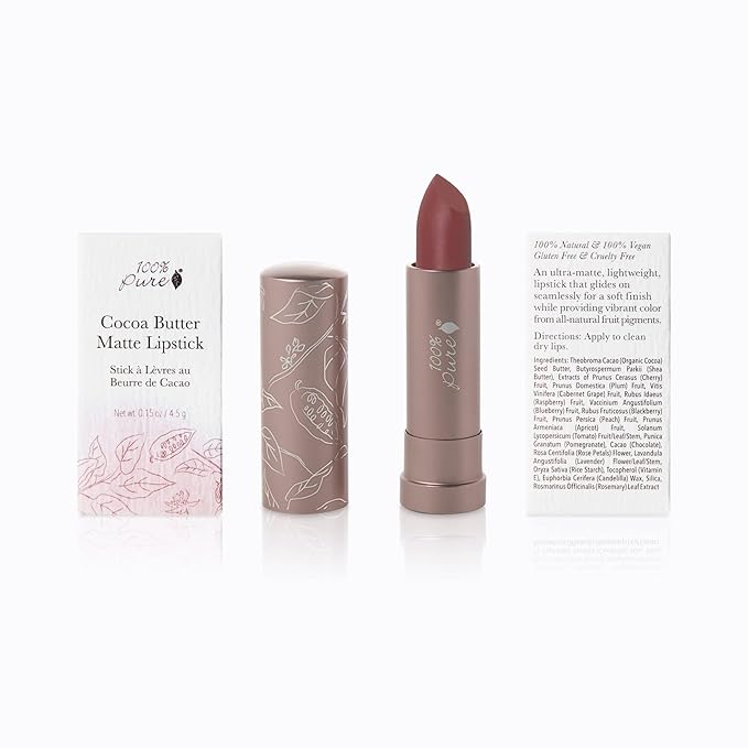 100% PURE Cocoa Butter Matte Lipstick Full Stay All Day Coverage, Lasting Moisturizing & Softening Natural Lip Color for All Skin Tones, Vegan Fruit Pigmented Savanna (Pink Mauve Cocoa) - 0.15 oz