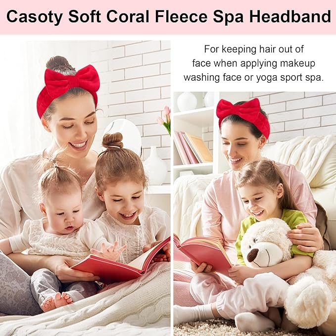 Casoty 10 Pcs Red Makeup Headbands, Hair Band for Washing Face, Soft Coral Fleece Makeup Headband for Women Girls, Bow Hair Bands, Towel Headbands for Face Washing Shower Skin Care Yoga