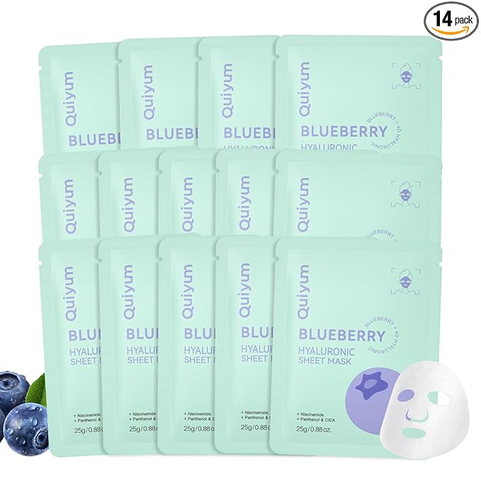 QUIYUM 14 Pack Blueberry Sheet Mask - Hydrating Facial Masks for All Skin Types, Skincare Set, Spa Gift for Women & Teens