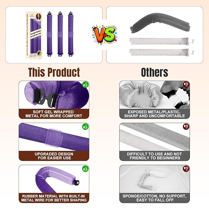 Overnight Heatless Hair Curler, Upgraded with Hair Pad Grippers Satin Jumbo Flexi Blowout Curls Rods, 3pcs No-Heat Styling Tools Curling Rod to Sleep in for All Hair Types - Purple
