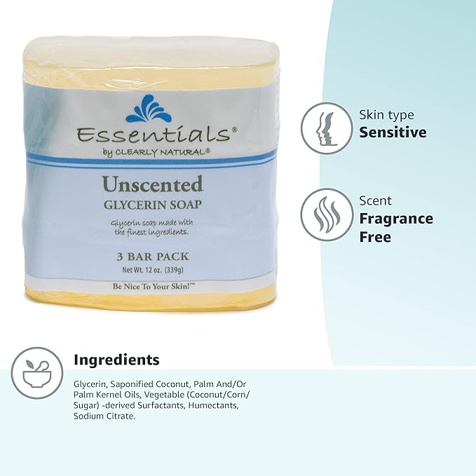 Clearly Natural Essentials Glycerin Bar Soap, Unscented, 4 Ounce, Pack of 3 (Packaging May Vary)