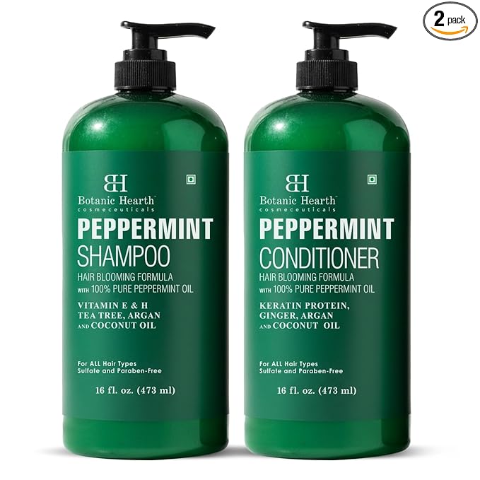 Botanic Hearth Peppermint Oil Shampoo And Conditioner Set | Hair Blooming Formula With Keratin | Fights Hair Loss | Sulfate Free For Men And Women | 16 Fl Oz X 2