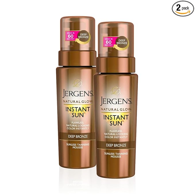 Jergens Natural Glow Instant Sun Body Mousse, Self Tanner for Deep Bronze Tan, Sunless Tanning Body Bronzer for Natural Looking Color Instantly, 6 Oz, Pack of 2