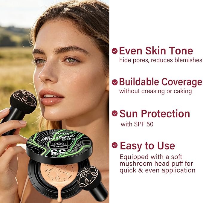 Cushion Foundation Air Cushion CC Cream With SPF 50, Full Coverage Foundation, Color Corrector, Even Skin Tone, Tattoo cover up, Moisturizing Concealer Sunscreen Foundation Makeup (Natural SPF50)