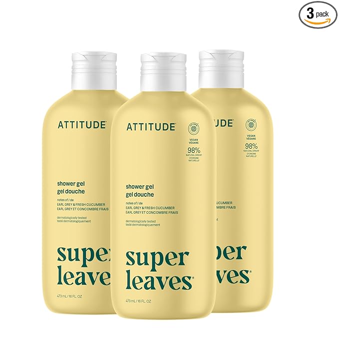 ATTITUDE Body Wash, EWG Verified Shower Gel, Dermatologically Tested, Plant and Mineral-Based, Vegan Personal Care Products, Earl Grey & Fresh Cucumber Scent, 16 Fl Oz (Pack of 3)