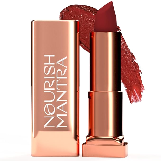 NOURISH MANTRA Creamy Matte Lipstick - Kashmiri Mirch | Non-drying, Highly Pigmented | Matte Finish | Enriched with Castor Oil & Vitamin E | Lipstick for Women | 4 g