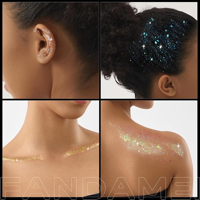 FANDAMEI Face Glitter, Body Glitter for Women, 2PCS 8 Colors Glitter Gel for Face, Hair Glitter for Kids, Fairy Rave Mermaid Makeup