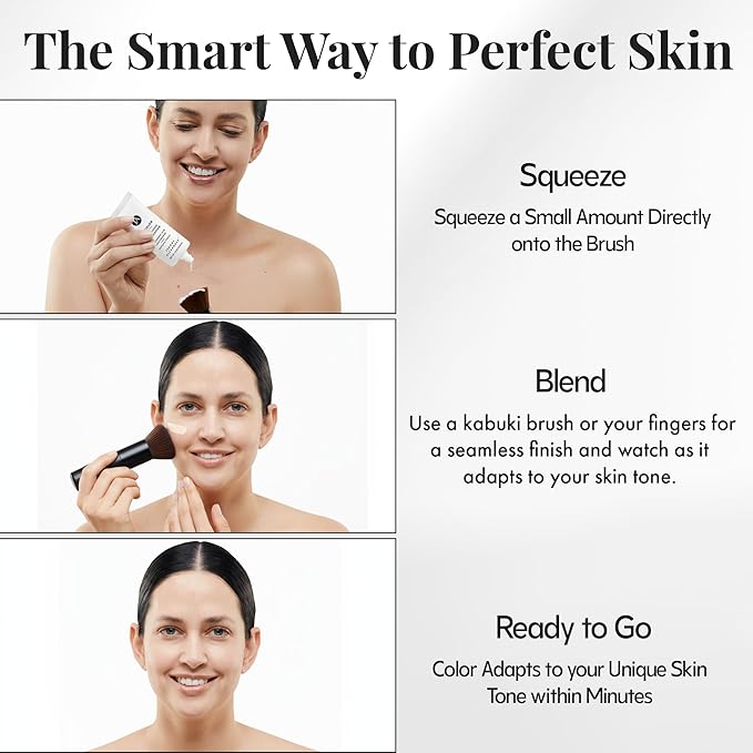 Jerome Alexander My Color Self-Adjusting Foundation, Hydrating & Lightweight Face Makeup, Skincare-Infused, with Kabuki Brush, Dark, 1 oz