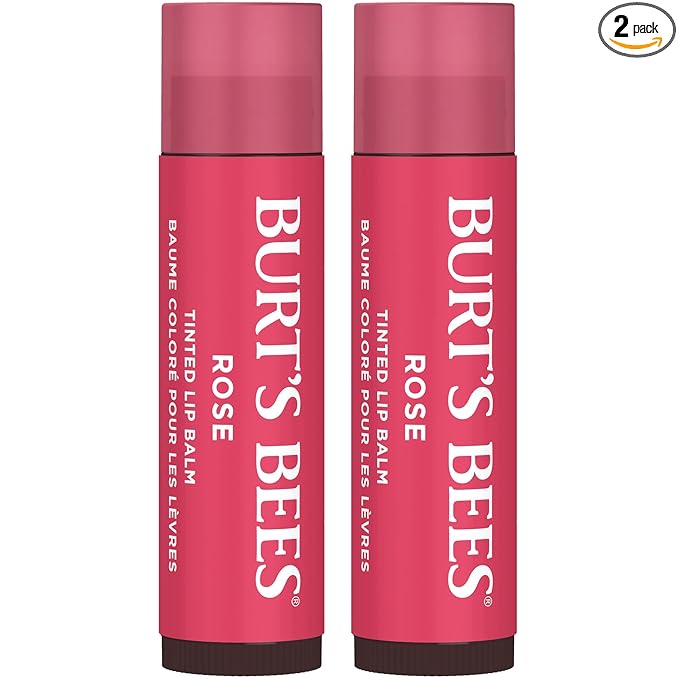 Burt's Bees Lip Tint Balm, Mothers Day Gifts with Long Lasting 2 in 1 Duo Tinted Balm Formula, Color Infused with Deeply Hydrating Shea Butter for a Natural Buildable Finish, Petal Rose (2-Pack)