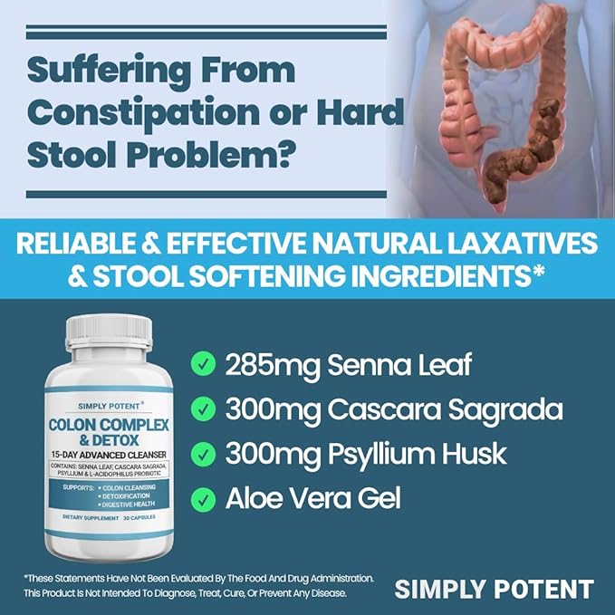 Simply Potent Natural Colon Cleanse - Gentle Colon Cleanser Supplement for Digestive Health - Supports Detoxification and Regularity - 60 Capsules