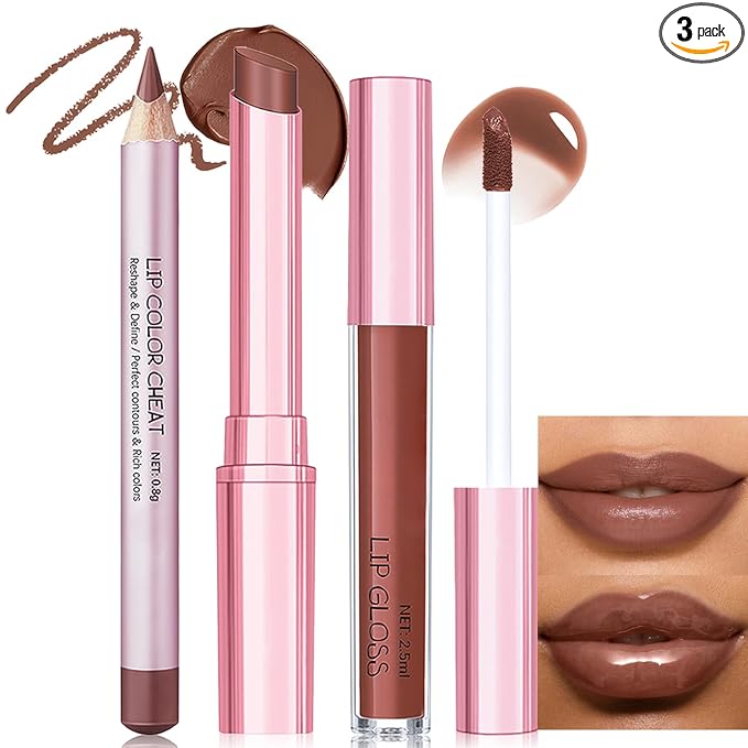 Nude Brown Lip Liner and Lipstick Lip Gloss Set, Hydrating Lip Kit Smooth Buildable Matte Lipstick High Pigment Plumping Lip Liner and Gloss, Long Lasting Lip Contour for Women Daily Makeup