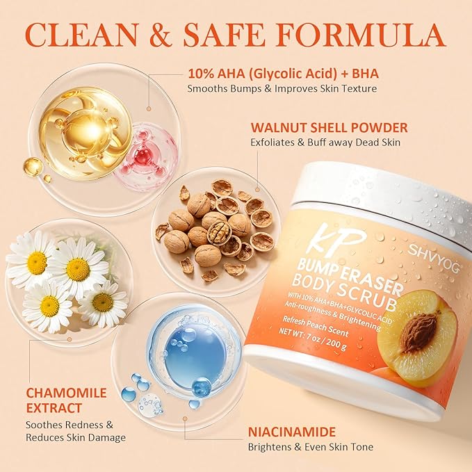 SHVYOG KP Bump Eraser Body Scrub with 10% AHA+BHA & Glycolic Acid, Exfoliating Body Scrub for Chicken & Strawberry Skin, Helps Reduce Skin Bumps, Soothe Rough Redness, Ingrown Hair, Peach Scent 7 Oz