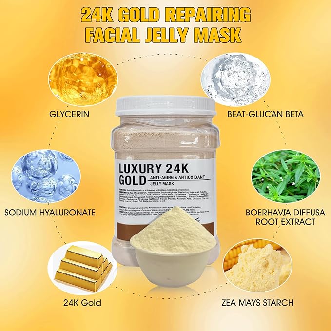 Jelly Mask Powder for Facials, 24K Gold Anti Aging Jelly Face Mask, Professional Peel Off Hydro Face Mask Powder for Fight Fine Lines, Dullness & Uneven Skin Tone, DIY SPA 23 FLOZ Mask Powder