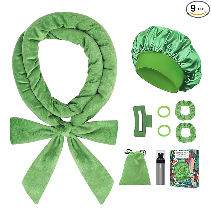 Gwabee Heatless Curls Overnight Hair Curlers to Sleep In, 9 PCS Velvet Heatless Hair Curler Overnight Curls for Women Long Medium Hair Volumes, Heatless Curling Waves Set with Sleep Bonnet - Green