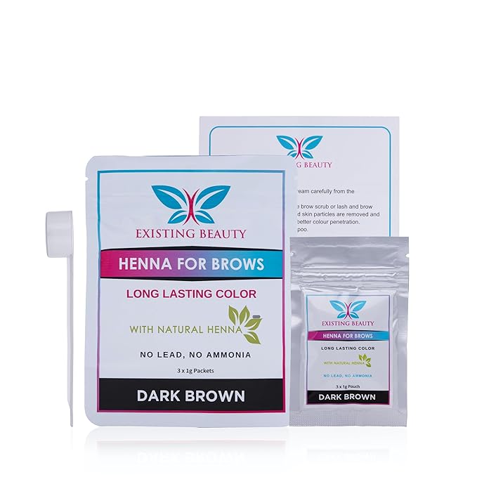 Dark Brown Henna Eyebrow Color Kit – Long-Lasting Natural Brow Stain with Mixing Bowl & Instructions, 3×1g Packets – Dark Brown Eyebrow Color by Existing Beauty