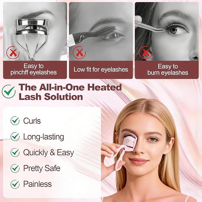 Heated Eyelash Curler for Women - Electric Lash Curler with 10s Fast Heating, Safe Anti-Burn Design, Intelligent Temp Control, Long-Lasting Curls, Portable Makeup Tool (Pink,1PCS)