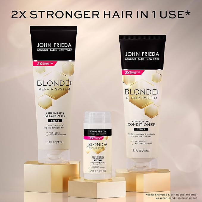 John Frieda Blonde+ Hair Repair System, Pre-Shampoo Treatment with Bond Building Complex, Strengthens and Repairs Damaged Hair, Step 1 of Hair Repair System, 3.3 Oz