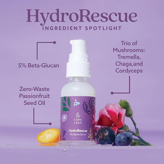 Luma & Leaf HydroRescue Beta Glucan Serum for Face - Mushroom Skin Barrier Repair Serum with Hyaluronic Acid, Passionfruit Oil - Hydrating Face Serum for Dry Sensitive Skin, Clean Beauty Skincare 1oz