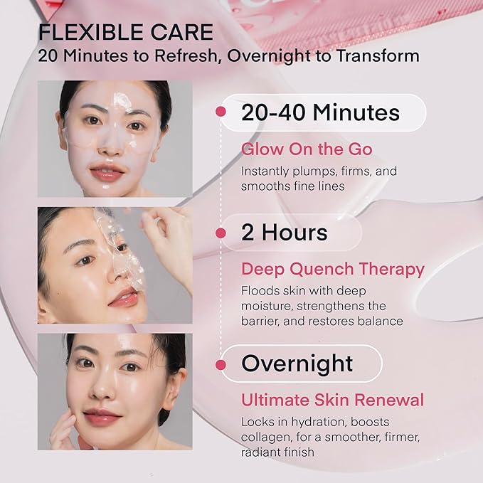 TEREZ & HONOR Real Deep Bio Collagen Face Mask - 4 x 33g Korean Hydrogel Overnight Masks for Deep Hydration, Glowing, Pore Minimizing, Elasticity, Fragrance-Free, 100 Da Ultra-Low Molecular Collagen