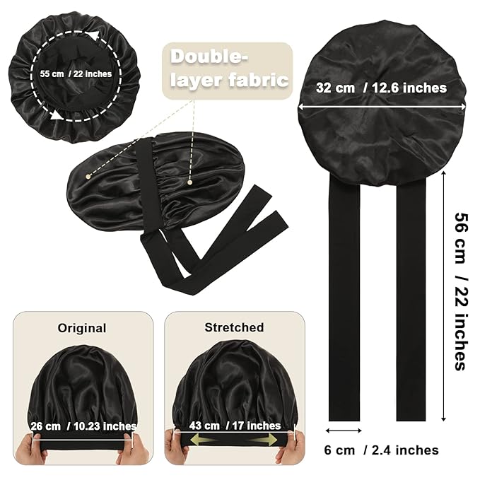 Satin Bonnet for Women Tid Band Hair Bonnet for Sleeping Large 2 Layered Silk Sleeping Cap Nightcap for Sleeping with 3PCS Hair Scrunchies (Black(Bonus3 hair scrunchies))