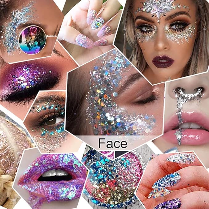 Body Glitter Gel, Mardi Gras Chunky Face Glitter Mermaid Sequins, Sparkly Hair Glitter,Singer Concert Festival Rave Accessories, Halloween Body Painting (#107 Rose Gold)