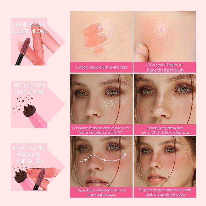 2-in-1 Freckle Pen & Liquid Blush，Waterproof Fake Faux Freckle Stamp, Henna Face Tattoo Stain, Natural Sunkissed Makeup Kit with Dual Shades (#01 Soft Pink, M)