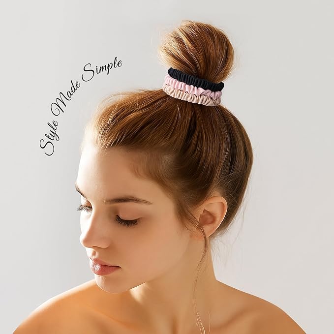 6PCS 100% Mulberry Silk Scrunchies Set, 2 Large and 4 Thin Silk Hair Ties for Women, No Damage Hair Accessories, Black Pink Champagne